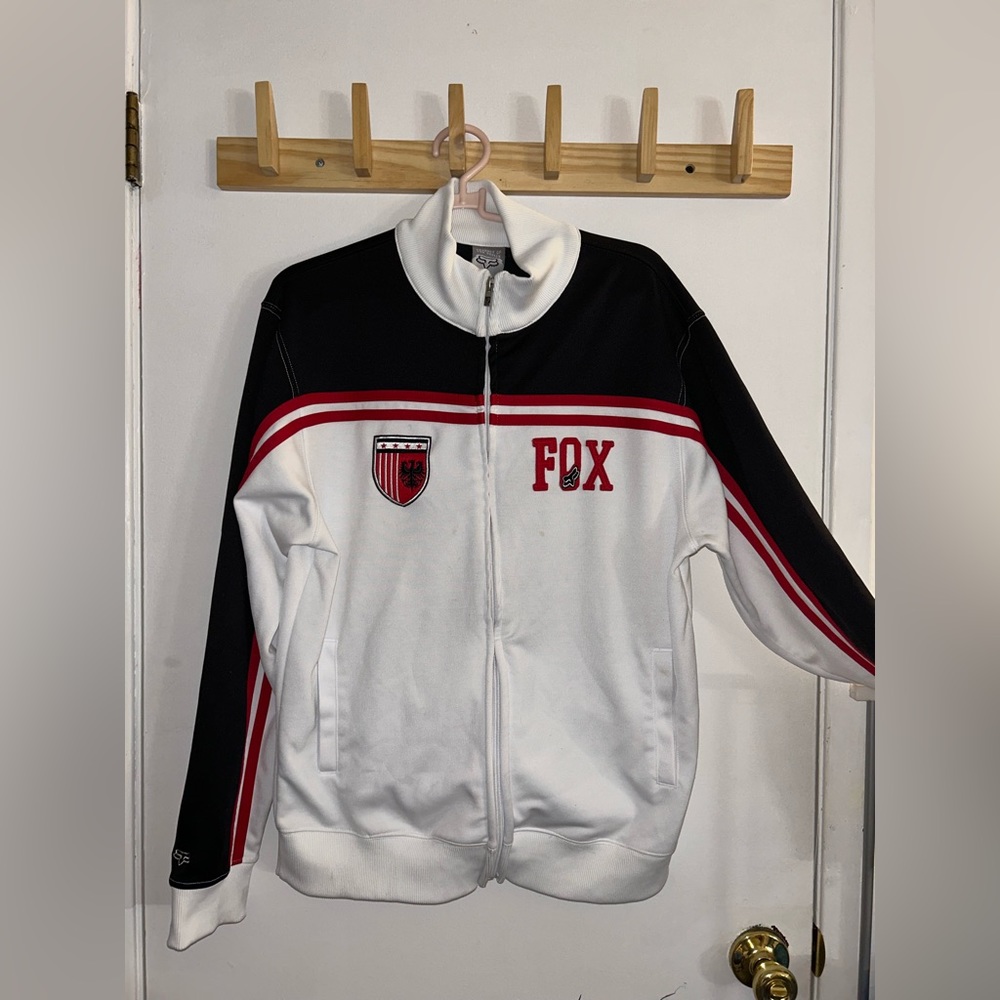 EUC Fox Motorsports Racing White Black Red Full Zip Track Men Jacket Sz L